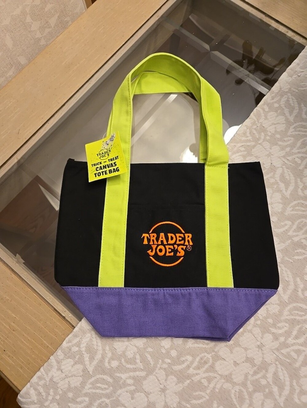 Trader Joe's Black Canvas Tote Bag with Lime Handles and Purple Base